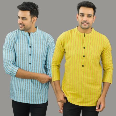 Combo of 2 Men Cotton Stripe Short Kurta Yellow and Sky Blue