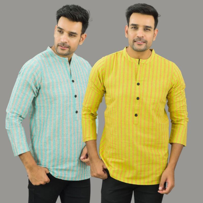 Combo of 2 Men Cotton Stripe Short Kurta Yellow and Sky Blue