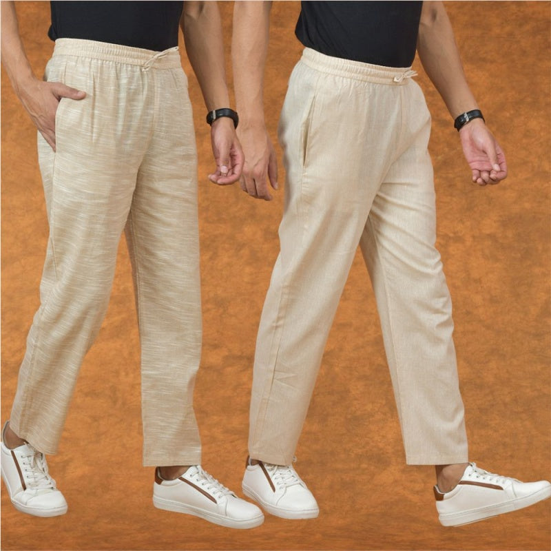 Combo of 2 Men Cream Beige Cotton Handloom Solid Pant