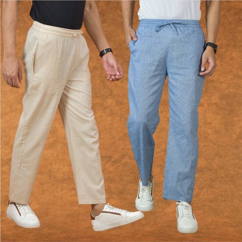 Combo of 2 Men Denim Cream Cotton Handloom Solid Pant