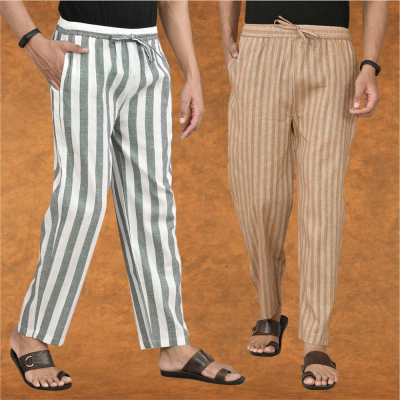 Combo of 2 Men Gray Beige Cotton Handloom Stripe Pant