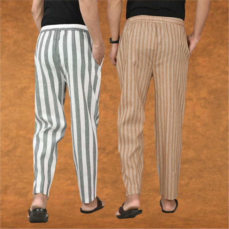 Combo of 2 Men Gray Beige Cotton Handloom Stripe Pant