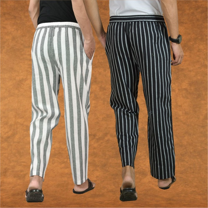 Combo of 2 Men Gray Black Cotton Handloom Stripe Pant