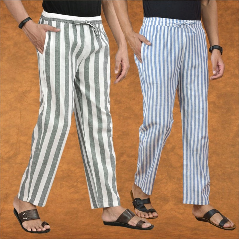 Combo of 2 Men Gray Blue Cotton Handloom Stripe Pant