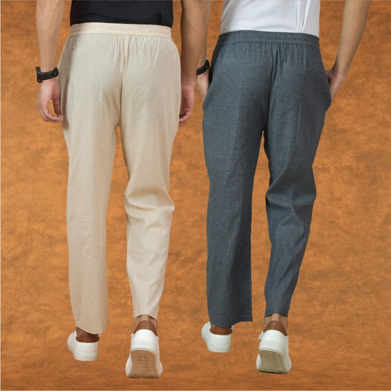 Combo of 2 Men Gray Cream Cotton Handloom Solid Pant