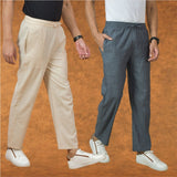 Combo of 2 Men Gray Cream Cotton Handloom Solid Pant