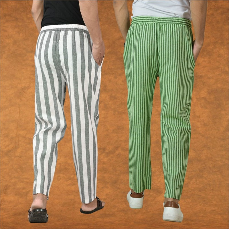 Combo of 2 Men Gray Olive Green Cotton Handloom Stripe Pant