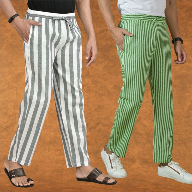 Combo of 2 Men Gray Olive Green Cotton Handloom Stripe Pant