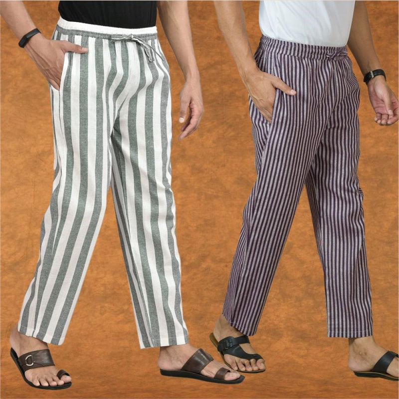 Combo of 2 Men Gray Purple Cotton Handloom Stripe Pant