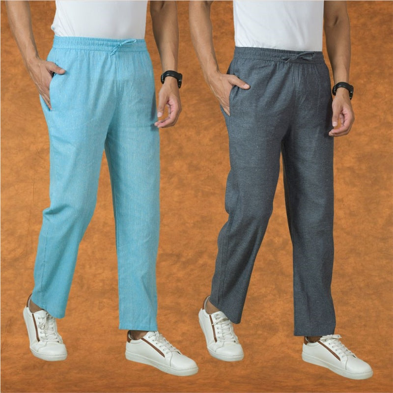 Combo of 2 Men Gray Sky Blue Cotton Handloom Solid Pant