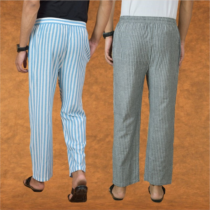 Combo of 2 Men Gray Sky Blue Cotton Handloom Stripe Pant