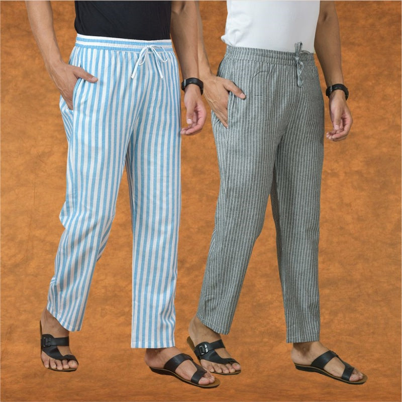 Combo of 2 Men Gray Sky Blue Cotton Handloom Stripe Pant