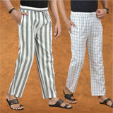 Combo of 2 Men Gray White Cotton Handloom Stripe Pant