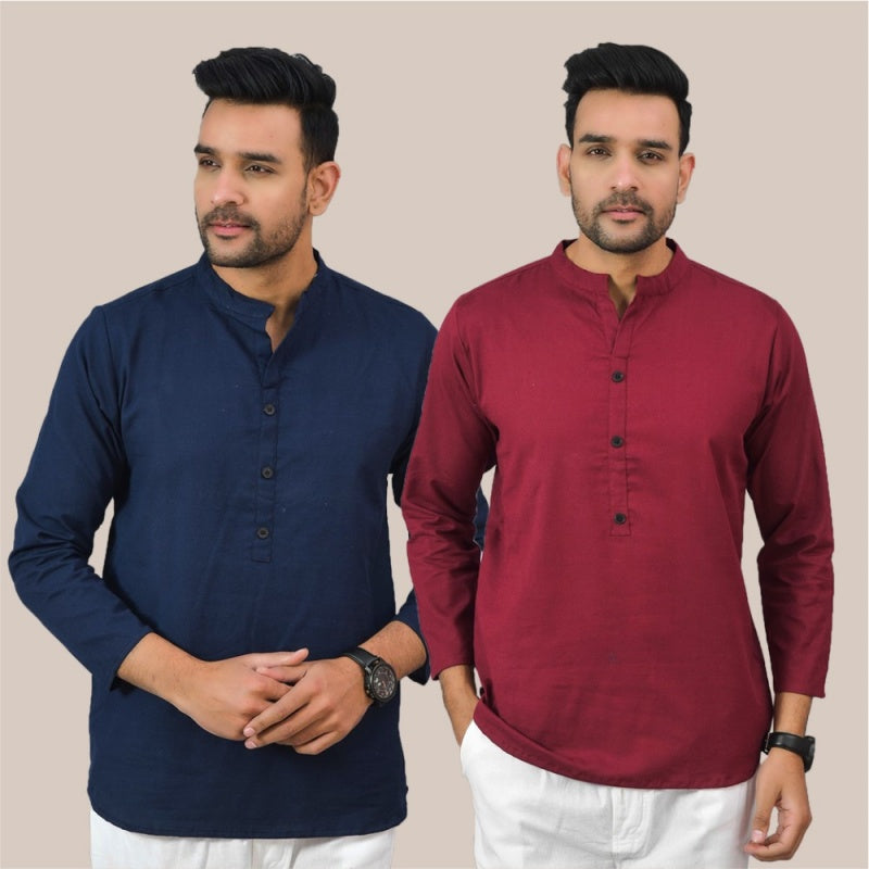 Combo of 2 Men Kurtas Solid Cotton Flax