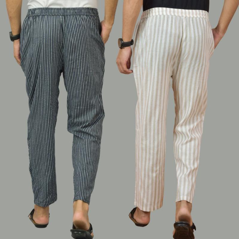 Combo of 2 Men Navy Blue Beige Cotton Handloom Stripe Pant