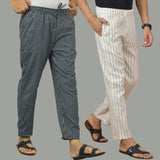 Combo of 2 Men Navy Blue Beige Cotton Handloom Stripe Pant