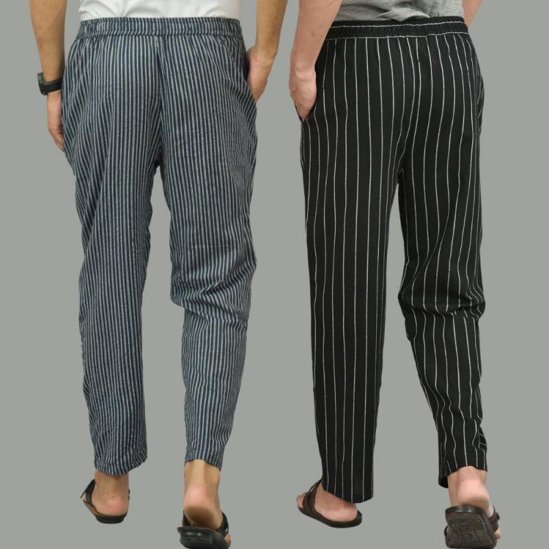 Combo of 2 Men Navy Blue Black Cotton Handloom Stripe Pant