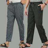 Combo of 2 Men Navy Blue Black Cotton Handloom Stripe Pant