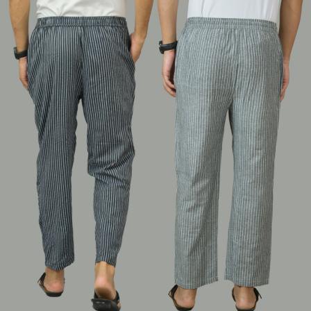 Combo of 2 Men Navy Blue Gray Cotton Handloom Stripe Pant