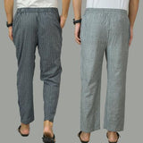 Combo of 2 Men Navy Blue Green Cotton Handloom Stripe Pant