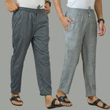 Combo of 2 Men Navy Blue Gray Cotton Handloom Stripe Pant