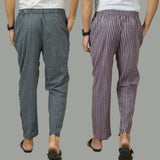 Combo of 2 Men Navy Blue Purple Cotton Handloom Stripe Pant