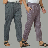 Combo of 2 Men Navy Blue Purple Cotton Handloom Stripe Pant