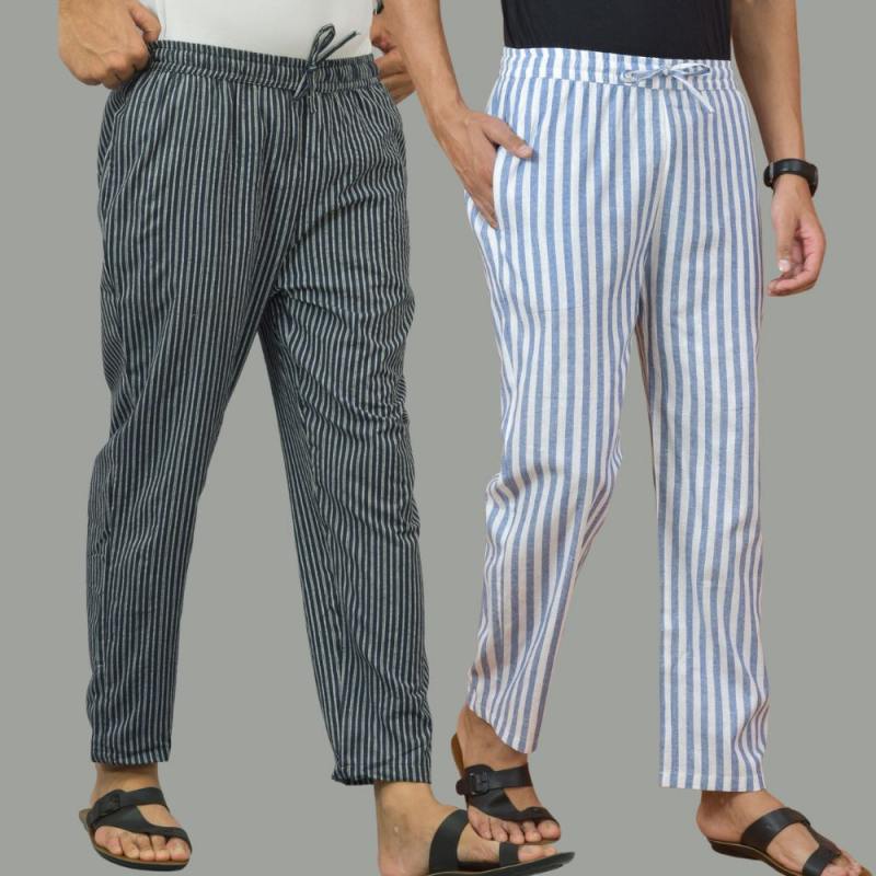 Combo of 2 Men Navy Blue Sky Blue Cotton Handloom Stripe Pant