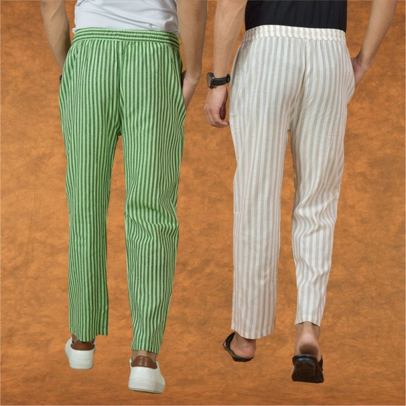 Combo of 2 Men Olive Green Beige Cotton Handloom Stripe Pant