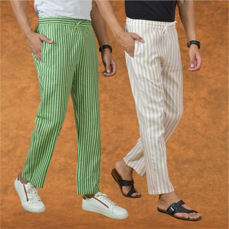 Combo of 2 Men Olive Green Beige Cotton Handloom Stripe Pant