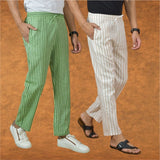 Combo of 2 Men Olive Green Beige Cotton Handloom Stripe Pant