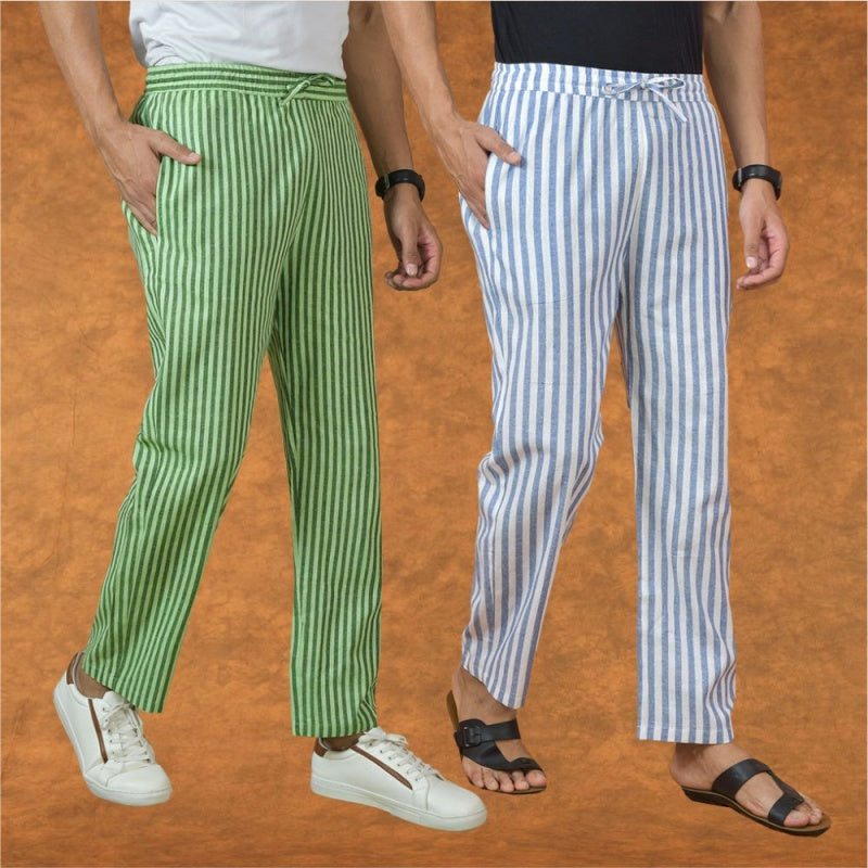 Combo of 2 Men Olive Green Blue Cotton Handloom Stripe Pant