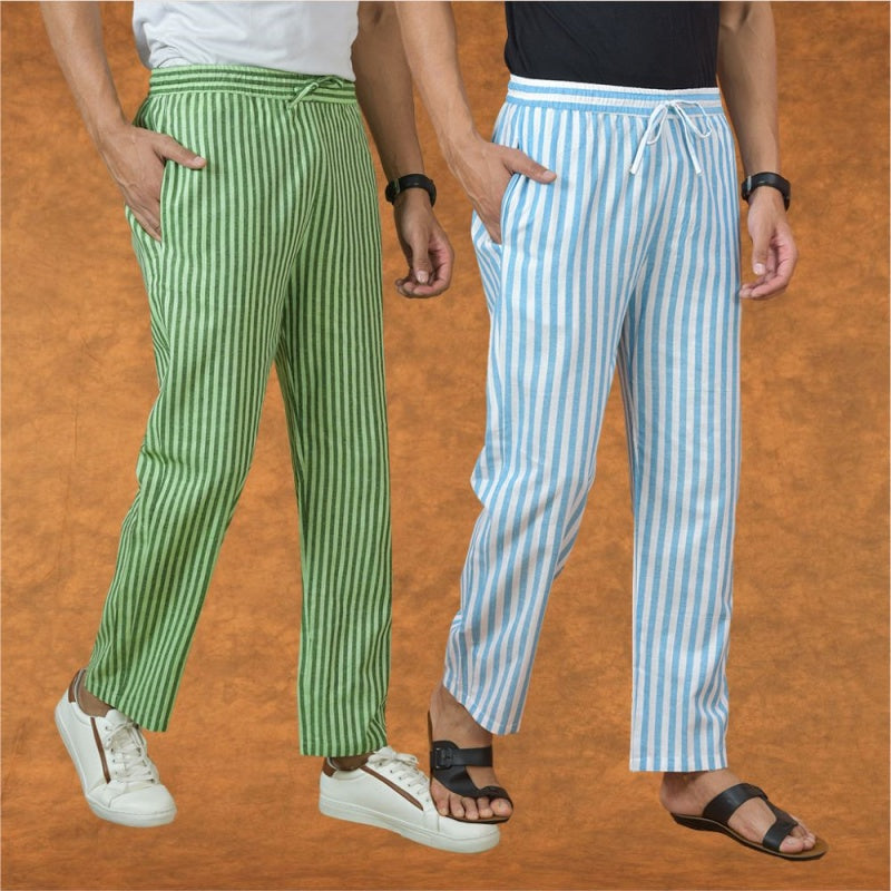 Combo of 2 Men Olive Green Sky Blue Cotton Handloom Stripe Pant