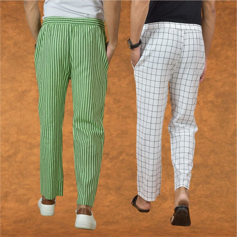 Combo of 2 Men Olive Green White Cotton Handloom Stripe Pant