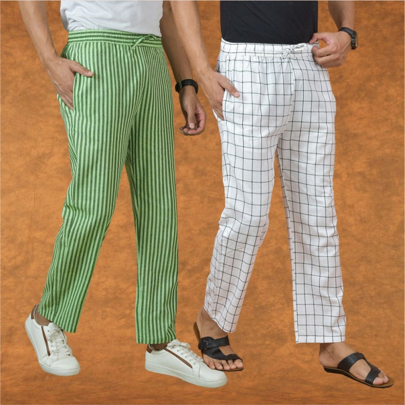 Combo of 2 Men Olive Green White Cotton Handloom Stripe Pant