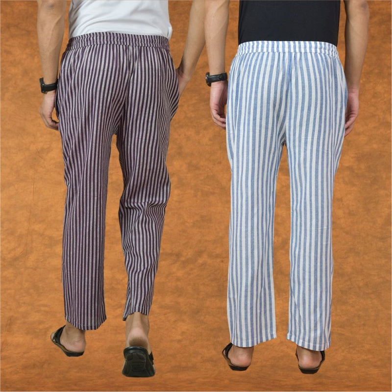 Combo of 2 Men Purple Blue Cotton Handloom Stripe Pant