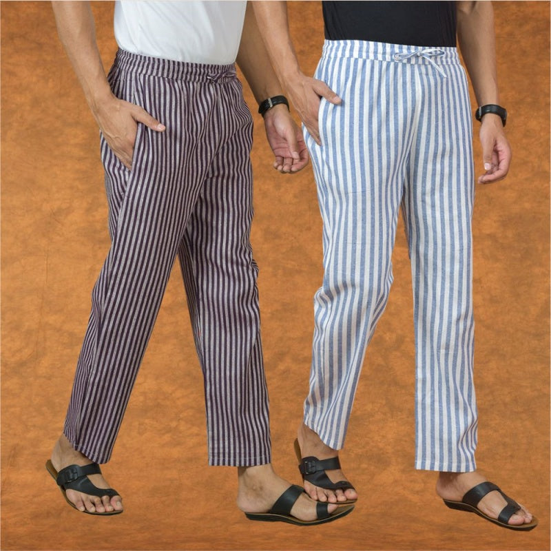 Combo of 2 Men Purple Blue Cotton Handloom Stripe Pant