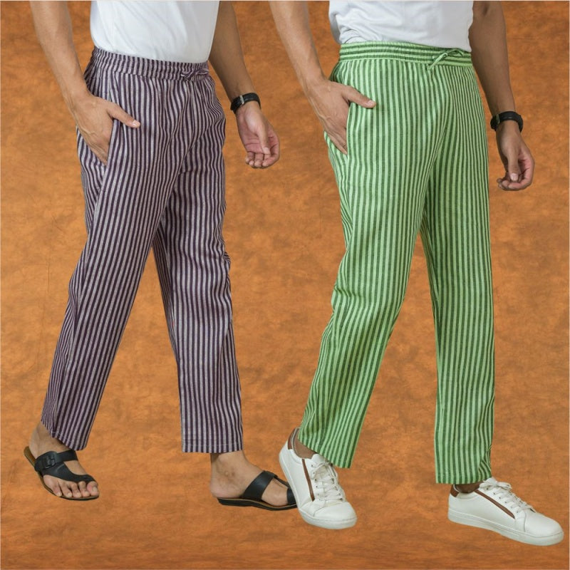 Combo of 2 Men Purple Olive Green Cotton Handloom Stripe Pant