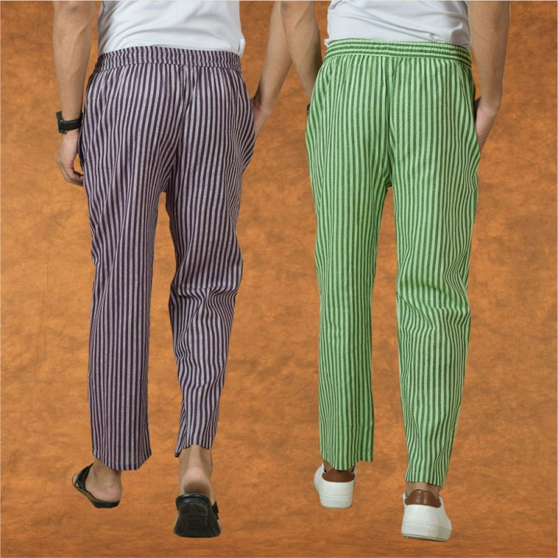 Combo of 2 Men Purple Olive Green Cotton Handloom Stripe Pant