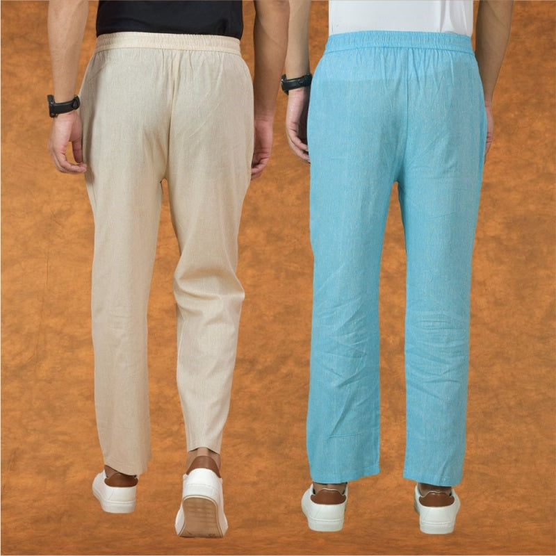 Combo of 2 Men Sky Blue Cream Cotton Handloom Solid Pant