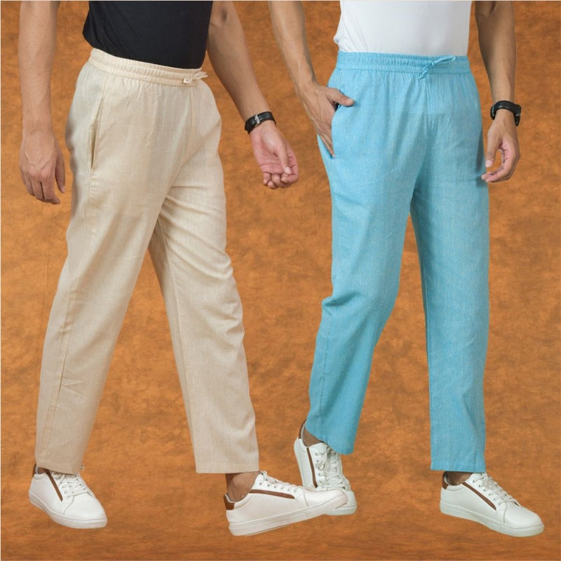 Combo of 2 Men Sky Blue Cream Cotton Handloom Solid Pant