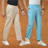 Combo of 2 Men Sky Blue Cream Cotton Handloom Solid Pant