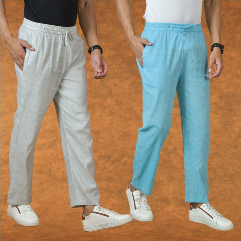 Combo of 2 Men Sky Blue White Cotton Handloom Solid Pant