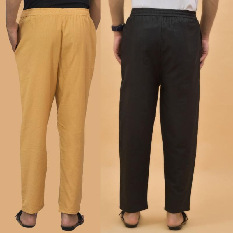 Combo of 2 Men Solid Cotton Flex Pant Black Beige