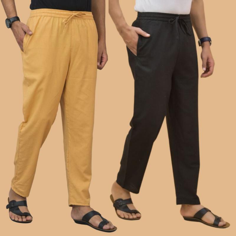 Combo of 2 Men Solid Cotton Flex Pant Black Beige