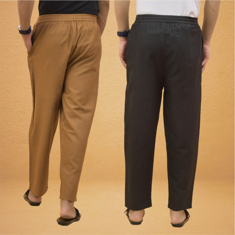 Combo of 2 Men Solid Cotton Flex Pant Black Brown