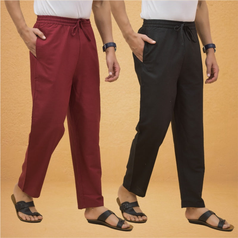 Combo of 2 Men Solid Cotton Flex Pant Black Maroon