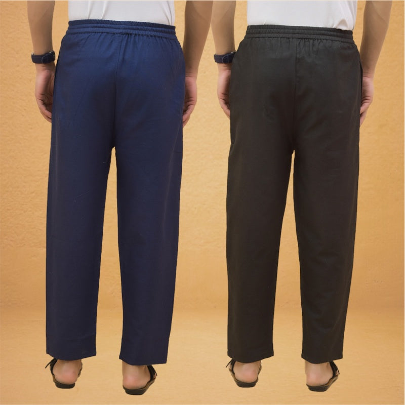 Combo of 2 Men Solid Cotton Flex Pant Black Navy Blue