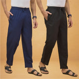 Combo of 2 Men Solid Cotton Flex Pant Black Navy Blue