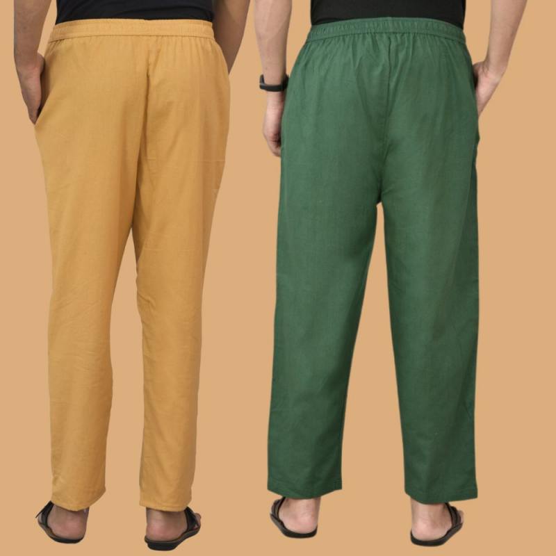 Combo of 2 Men Solid Cotton Flex Pant Bottle Green Beige